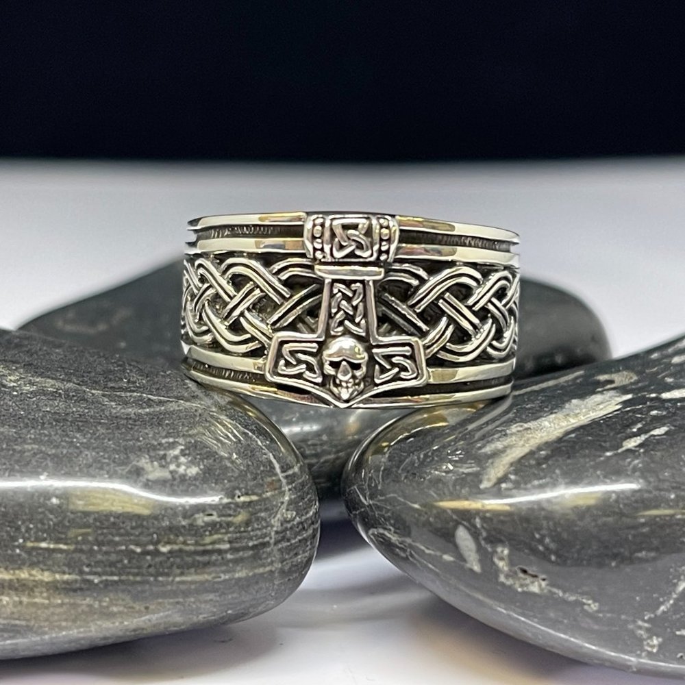 Mens Viking Thor Hammer Wide Ring